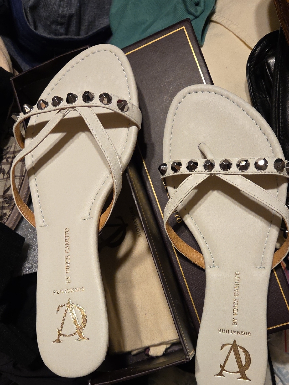 Vince Camuto White Leather Studded Thong Sandals